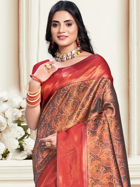 Deeva Sarees Brown Silk Saree With Red Border
